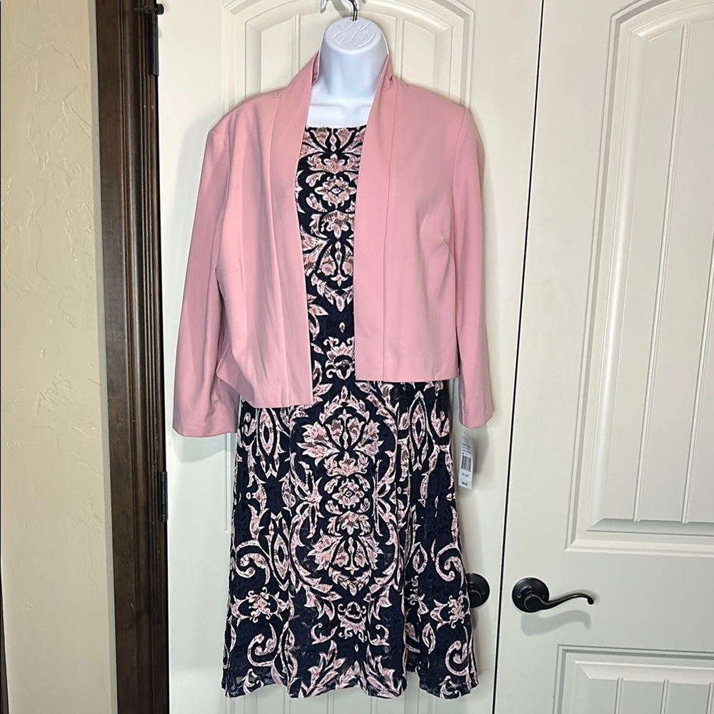 Ronni Nicole Navy Dress with Pink Damask Print and Pink Cropped Jacket